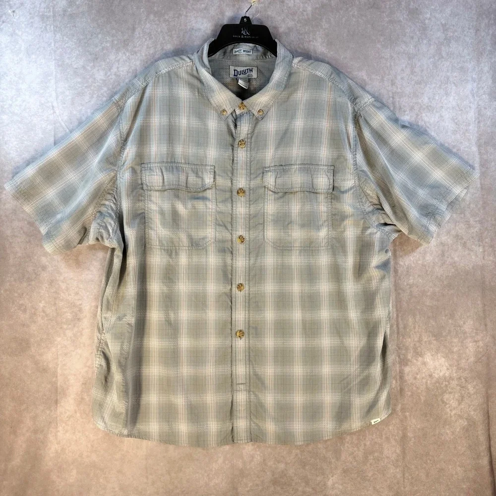 Duluth Trading Co Shirt Mens 2XL Grey Plaid Untucked Relaxed Fit Short Sleeve